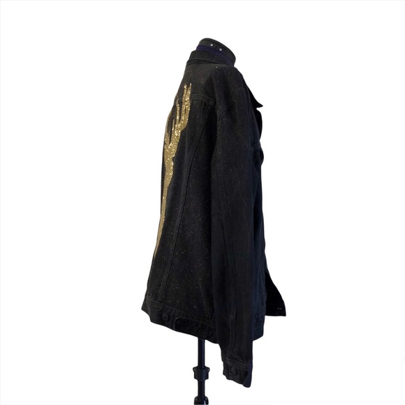 Gold Rhinestone Stag Deer Throne of Glass Hand Painted Black Jean Jacket - Picture 5 of 17